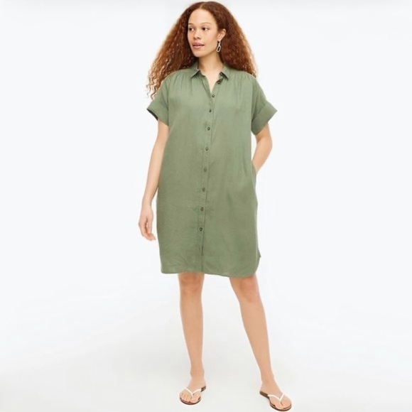 J.Crew Olive Green Relaxed-Fit Short-Sleeve Baird McNutt Irish Linen Shirtdress - Picture 2 of 6